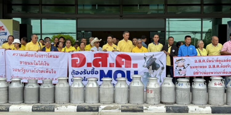 ชาวสมาชิกสหกรณ์สมาชิกชุมนุมสหกรณ์นมไทย-เดนมาร์ค จำกัด เขตภาคกลาง จำนวน 15 สหกรณ์กว่า 100 ราย เทนมประท้วงหลัง อ.ส.ค.ติดหนี้ กว่า 600 ล้าน